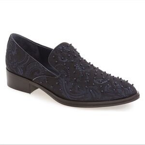 Donald J Pliner Navy Brocade Beaded Pointed Loafer